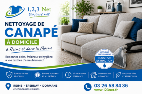 Nettoyage professionnel d'un canapé à domicile à Reims par 123 Net avec la méthode injection-extraction.